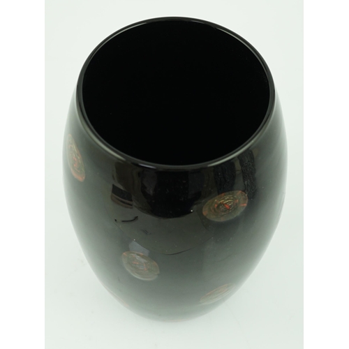 346 - ** ** Vittorio Ferro (1932-2012) A Murano glass Murrine vase, with bronze roundels on a black ground... 