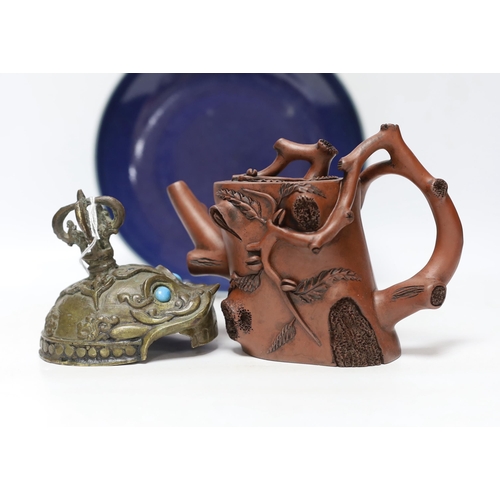 349 - A Chinese Yixing tree branch teapot, 13cm, A 20th century Tibetan kapala cover, 9cm and a Chinese ... 