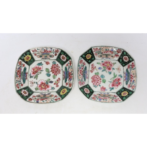 354 - A pair of Chinese Qianlong famille rose octagonal cups and saucers, with panelled floral decoration,... 