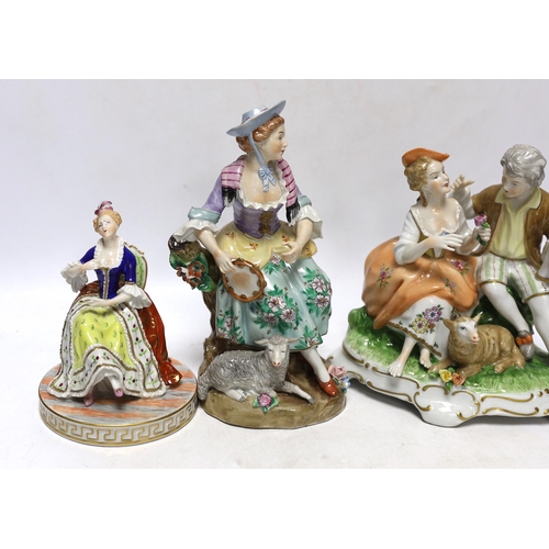 357 - A pair of Dresden figures, a Sitzendorf shepherdess group and another German group