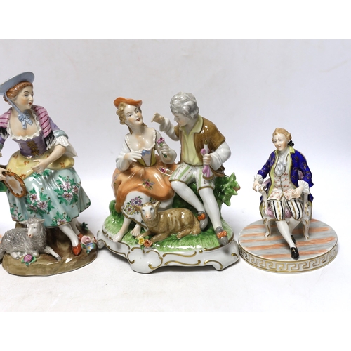 357 - A pair of Dresden figures, a Sitzendorf shepherdess group and another German group