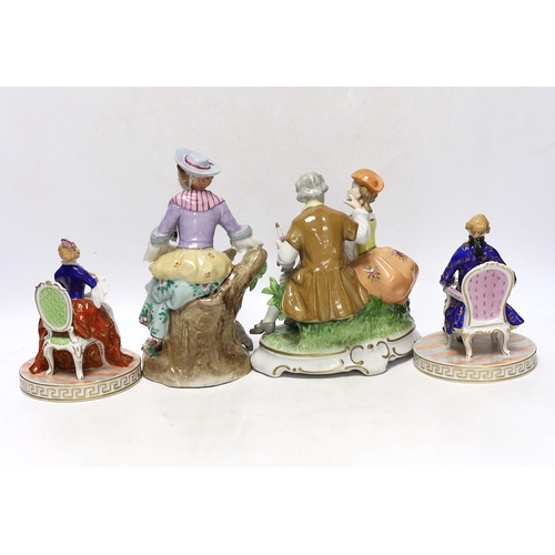 357 - A pair of Dresden figures, a Sitzendorf shepherdess group and another German group