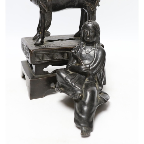 358 - An 18th century Chinese bronze figure of a qilin together with a Japanese figural bronze mount, tall... 