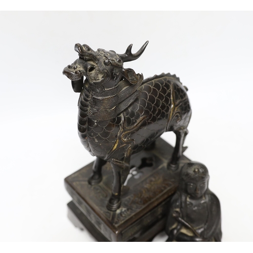 358 - An 18th century Chinese bronze figure of a qilin together with a Japanese figural bronze mount, tall... 