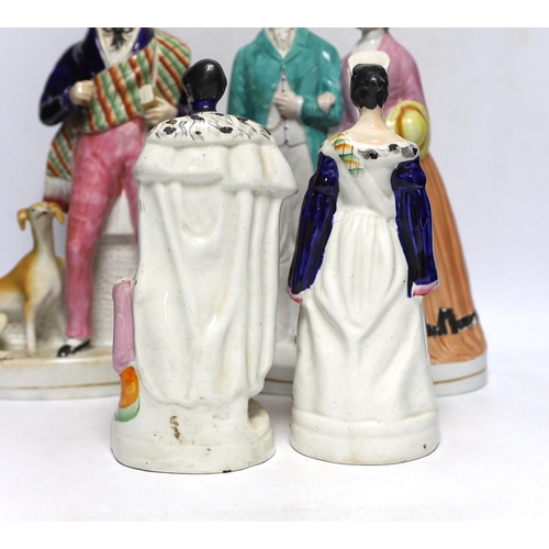 381 - Four mid 19th century Staffordshire figure groups including Queen Victoria and Prince Albert, two in... 