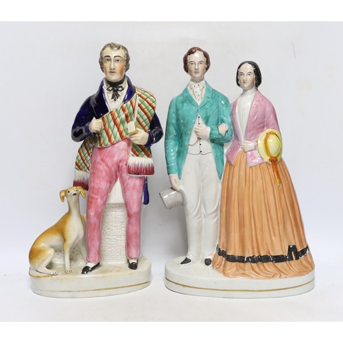 381 - Four mid 19th century Staffordshire figure groups including Queen Victoria and Prince Albert, two in... 