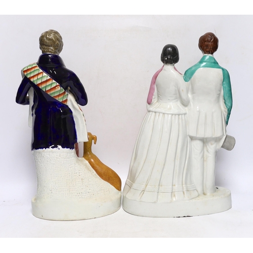 381 - Four mid 19th century Staffordshire figure groups including Queen Victoria and Prince Albert, two in... 