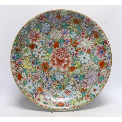 398 - A Chinese millefleur enamelled porcelain dish, six character Qianlong seal mark, but late 19th/early... 