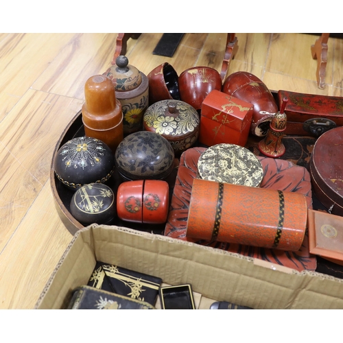 404 - Two chinoiserie lacquer cake stands, a large lacquer tray, a quantity of boxes, blotters, an ink sta... 