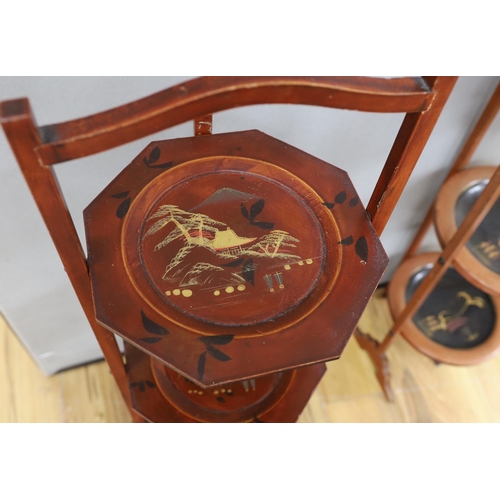 404 - Two chinoiserie lacquer cake stands, a large lacquer tray, a quantity of boxes, blotters, an ink sta... 