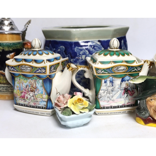 405 - Three Sadler pottery teapots, a blue and white Chinese jardiniere, etc. (8)