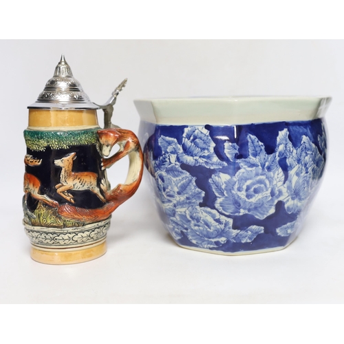 405 - Three Sadler pottery teapots, a blue and white Chinese jardiniere, etc. (8)