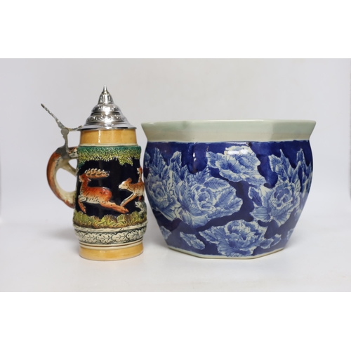 405 - Three Sadler pottery teapots, a blue and white Chinese jardiniere, etc. (8)