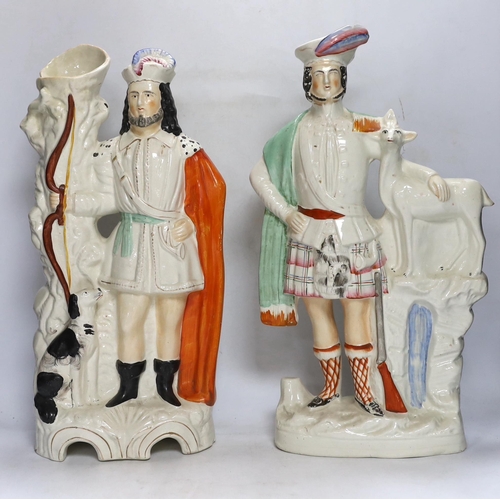 409 - A pair of large mid 19th century Staffordshire pottery highland hunters, on horseback and three othe... 