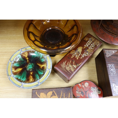 411 - A Victorian mother of pearl inlaid rosewood box, glass pedestal bowl, Wedgwood majolica pedestal dis... 