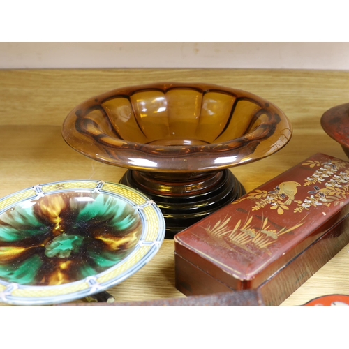 411 - A Victorian mother of pearl inlaid rosewood box, glass pedestal bowl, Wedgwood majolica pedestal dis... 