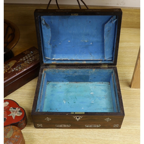 411 - A Victorian mother of pearl inlaid rosewood box, glass pedestal bowl, Wedgwood majolica pedestal dis... 