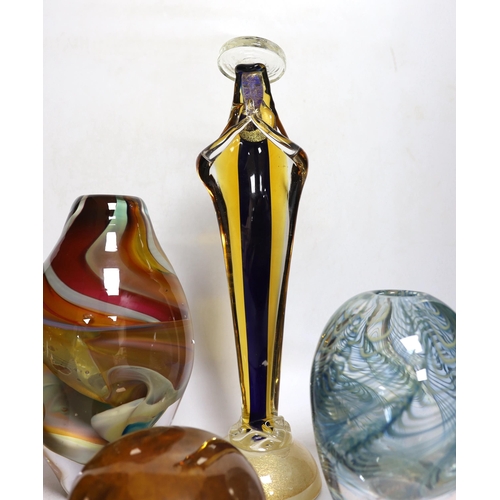 412 - Five studio glass vases/sculptures, including a Murano figure of Madonna, tallest 34cm