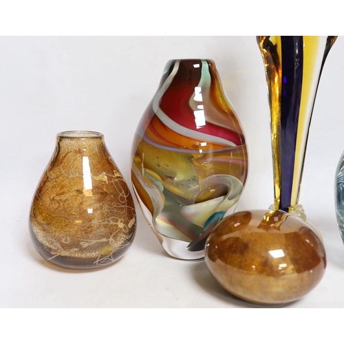 412 - Five studio glass vases/sculptures, including a Murano figure of Madonna, tallest 34cm