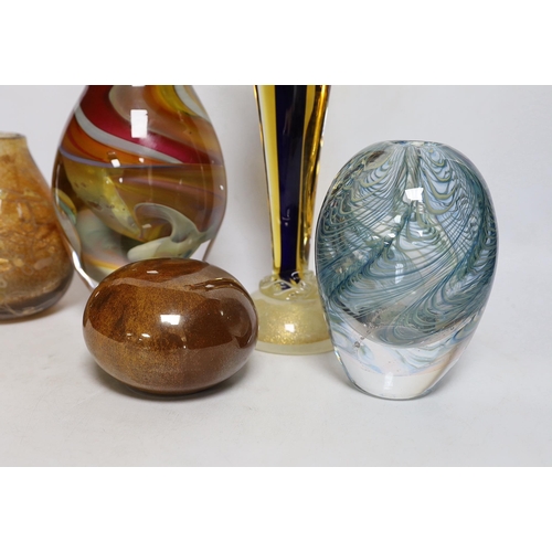 412 - Five studio glass vases/sculptures, including a Murano figure of Madonna, tallest 34cm