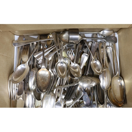 413 - Three silver napkin rings, three silver spoons and a quantity of silver plated cutlery.