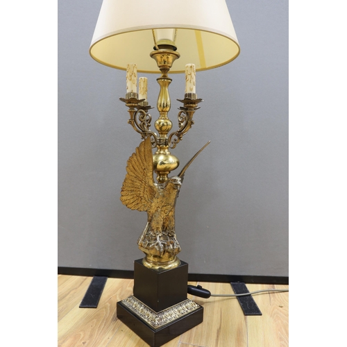 419 - A gilt metal eagle candelabrum, with shade, 93cm total