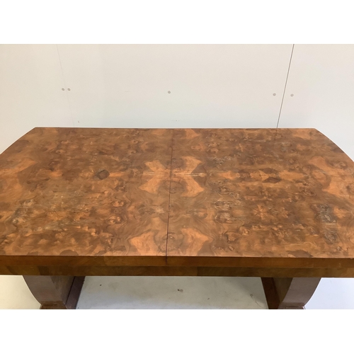 42 - An Art Deco style walnut extending dining table, width 170cm, depth 92cm, height 73cm