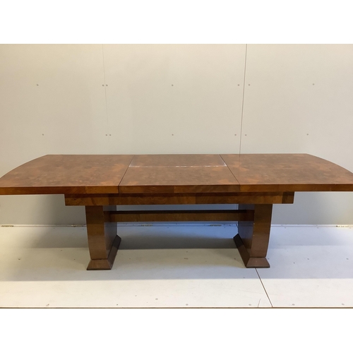 42 - An Art Deco style walnut extending dining table, width 170cm, depth 92cm, height 73cm