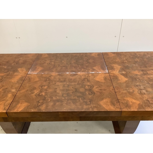 42 - An Art Deco style walnut extending dining table, width 170cm, depth 92cm, height 73cm