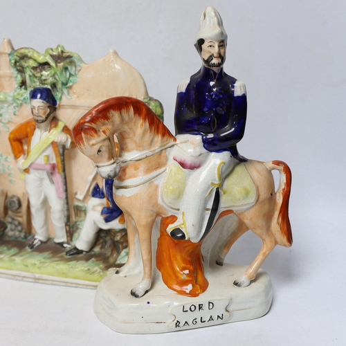 431 - Three mid 19th century Staffordshire figure groups including Lord Raglan and Marshal Arnaud and Turk... 