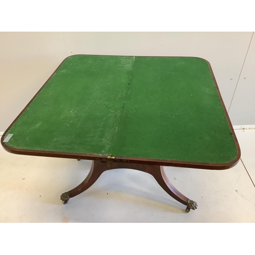 44 - A Regency inlaid rosewood banded mahogany folding card table, width 89cm, depth 44cm, height 73cm... 