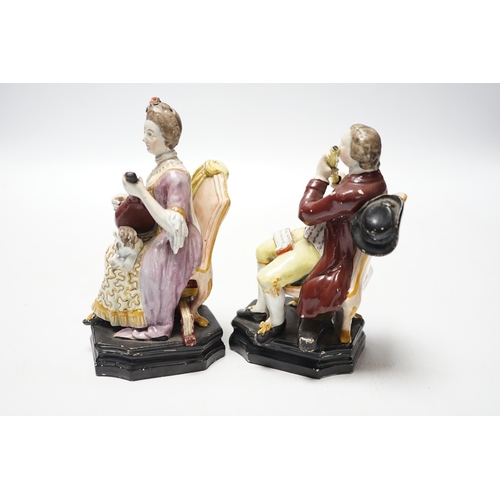 450 - A pair of Staffordshire pearlware figures of musicians seated on chairs, c.1825, 14cm