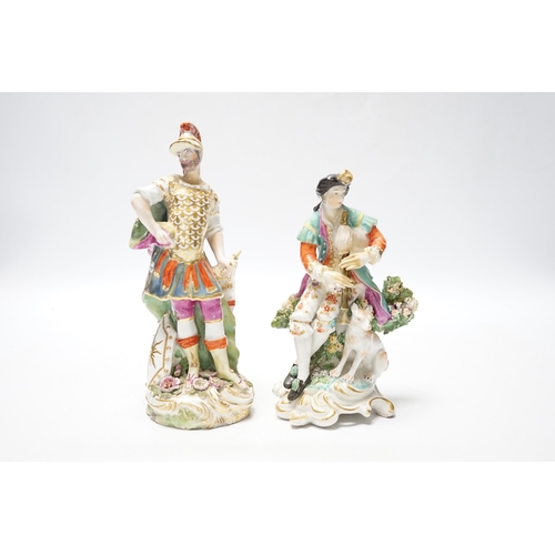 451 - A Chelsea Gold Anchor figure of Mars, c.1760-5, and a Derby figure of a bagpiper, c.1765-70, 20cm (2... 