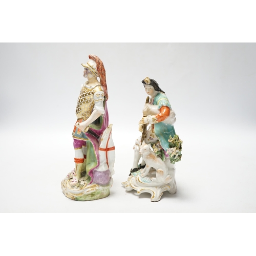 451 - A Chelsea Gold Anchor figure of Mars, c.1760-5, and a Derby figure of a bagpiper, c.1765-70, 20cm (2... 