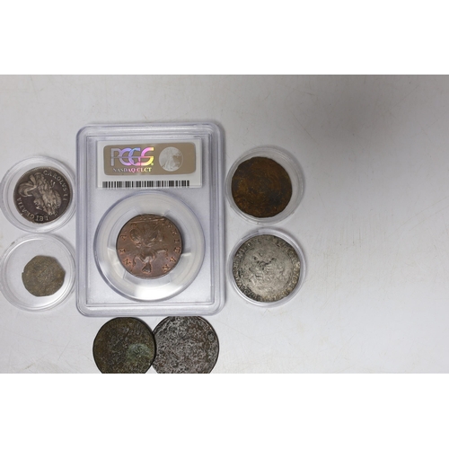 459 - Seven coins including; a Charles II 1663 shilling, an Edward VI silver shilling, a George II 1735 ha... 