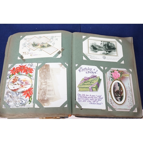 468 - An Edwardian postcard album (c.400), containing a contemporary    a post card sent 13.4.1914 of the ... 