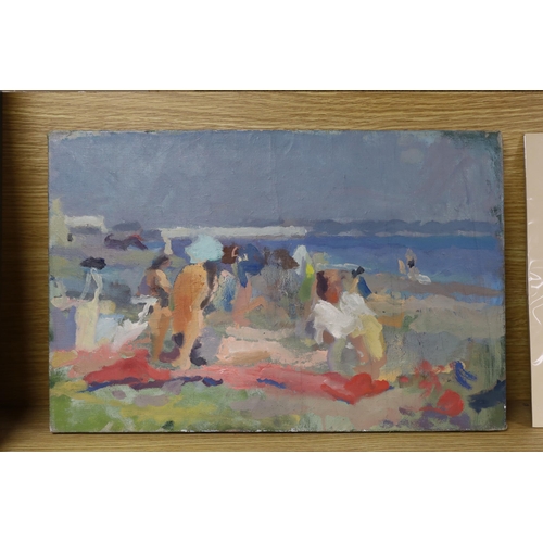 681 - John Harvey (b.1935), oil on canvas, Figures on the beach, artist stamp verso, 30 x 46cm, unframed... 