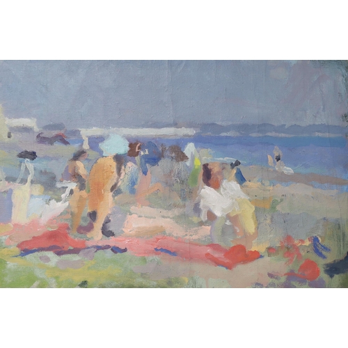 681 - John Harvey (b.1935), oil on canvas, Figures on the beach, artist stamp verso, 30 x 46cm, unframed... 