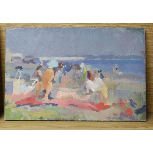 681 - John Harvey (b.1935), oil on canvas, Figures on the beach, artist stamp verso, 30 x 46cm, unframed... 