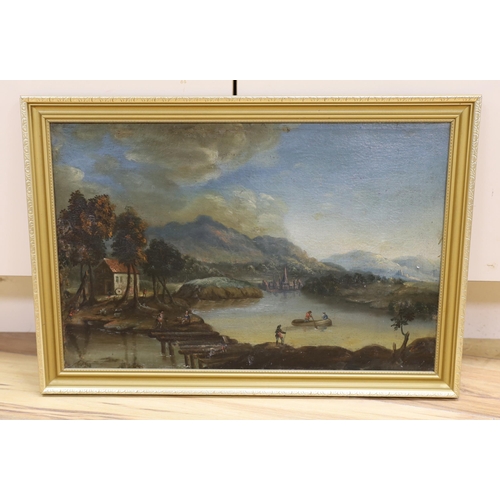 683 - 19th century School, oil on canvas, Continental river landscape with bridge and figures, 34 x 53cm... 