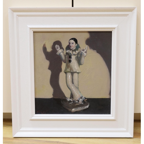 694 - Ken Moroney (1949-2018), oil on board, Study of a Pierrot figurine, signed with Studio stamp verso, ... 