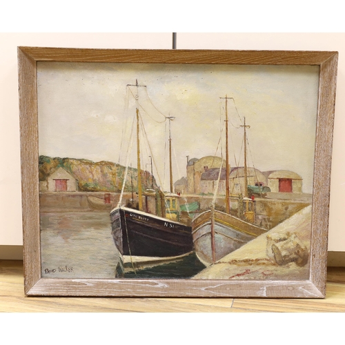 695 - David Bond Walker (1891-1977), oil on canvas, Coastal harbour with moored fishing boats, signed, 40 ... 