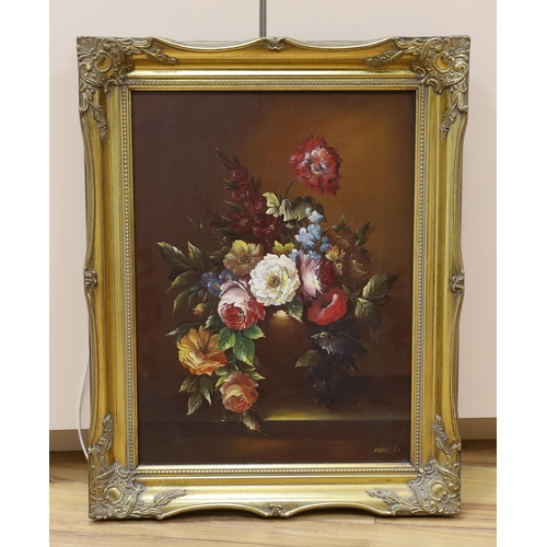 698 - Kadas, oil on board, Still life of flowers in a vase, signed and dated '67, 39 x 29cm, gilt frame... 