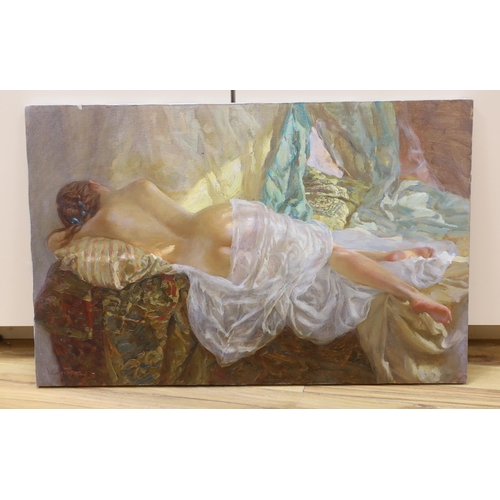 704 - Russian School, oil on canvas, Reclining semi-nude female, indistinctly signed lower left, 45 x 70cm... 