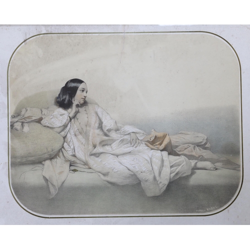 710 - After Vidal, pair of French colour lithographs, Reclining semi-nude beauties, one blind stamped, eac... 