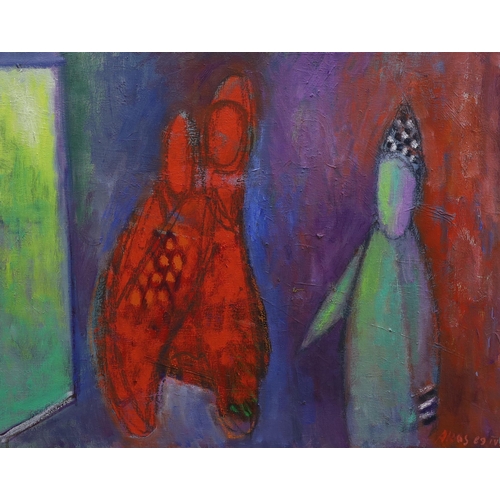 714 - Akos Biro, (Hungarian, 1911-2002), pair of oils on canvas, Abstract figural scenes, each signed, 49 ... 