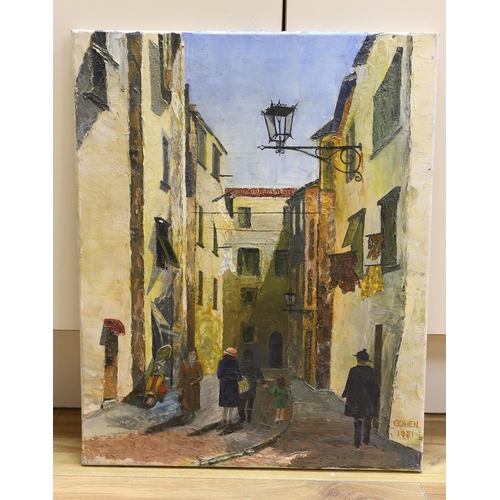 716 - Cohen, impasto oil on canvas, Continental street scene with figures, signed and dated 1981, 50 x 40c... 