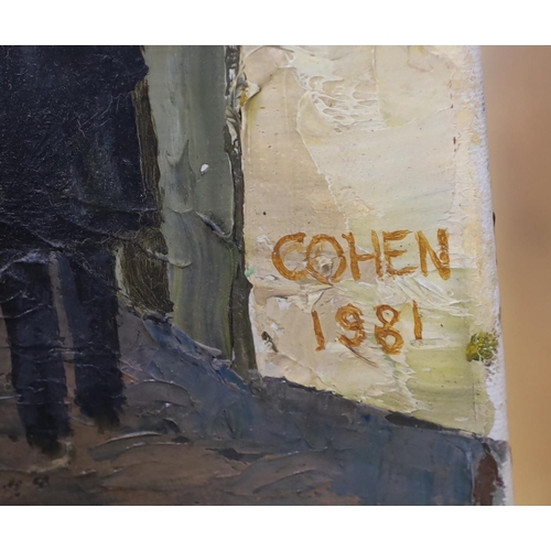 716 - Cohen, impasto oil on canvas, Continental street scene with figures, signed and dated 1981, 50 x 40c... 