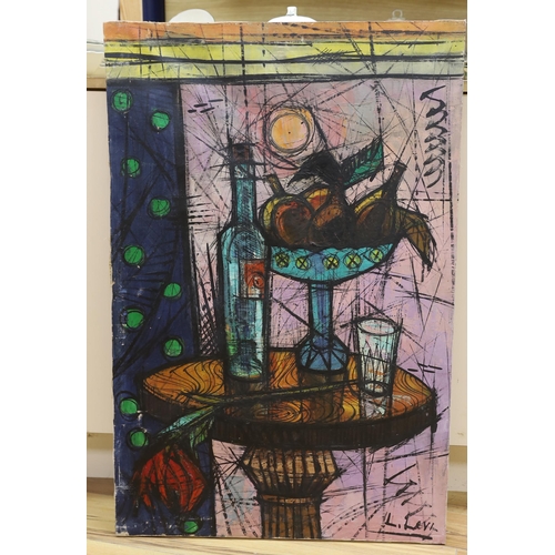 730 - L. Levi, oil on canvas, Stylised still life of objects on a table top, signed, 92 x 61cm, unframed... 