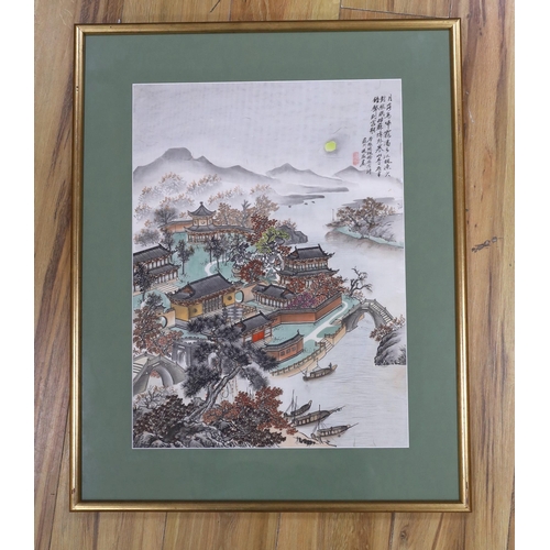 732 - Chinese School, watercolour, Palace complex with pagodas, 52 x 38cm